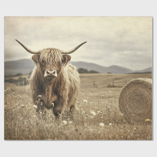 Papier Cadeau Vache de Highland dans un champ de foin Découpage