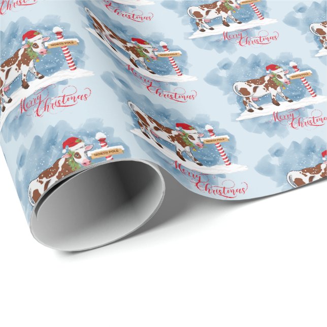 Papier Cadeau Vache de Noël mignonne au pôle Nord (Coin rond)