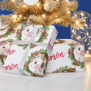Papier Cadeau Vache de Noël rose mignonne couronne nom personnal