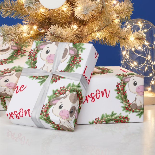 Papier Cadeau Vache de Noël rose mignonne couronne nom personnal (Vacances)