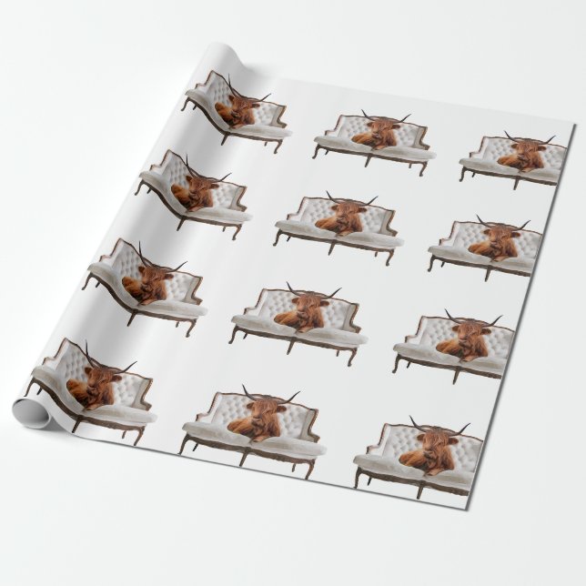 Papier Cadeau Vache écossaise de Highland sur papier d'enveloppe (Déroulé)
