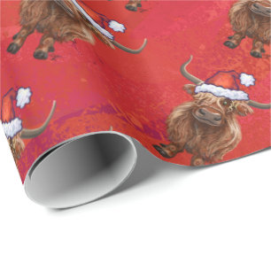 Papier Cadeau Vache Highland à Santa Hat Motif sur Red