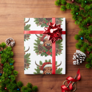 Papier Cadeau Vache Highland portant le chapeau du Père Noël