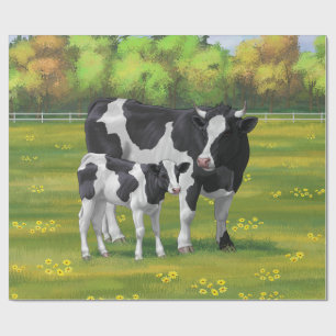 Papier Cadeau Vache Holstein et veau mignon en pâturage d'été
