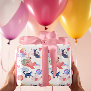 Papier Cadeau Vache mignonne dans un avion, espace, chats, lune,