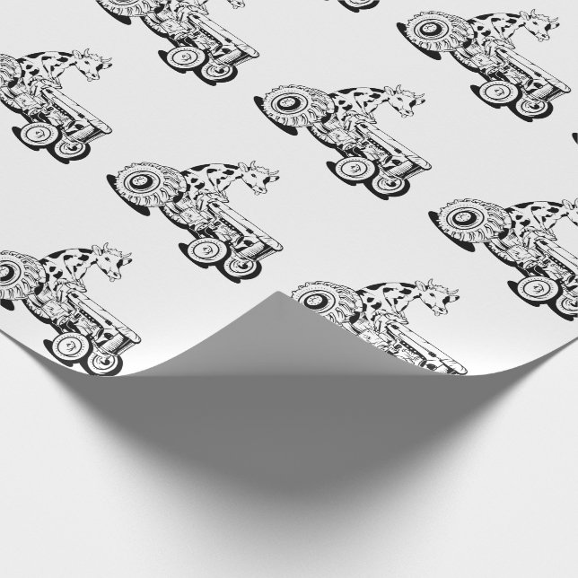 Papier Cadeau Vache noire et blanche conduisant un tracteur (Coin)