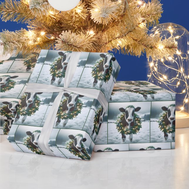 Papier Cadeau Vache portant une couronne de Noël (Vacances)