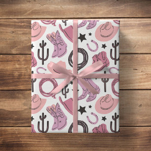 Papier Cadeau Vachère Rose Mignonne Fille de Rodéo Occidental Fe