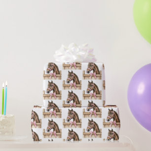 Papier Cadeau Vacheresse Rose Blanc Chevaux Clôture Anniversaire