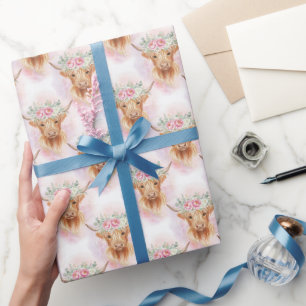 Papier Cadeau Vaches des Highlands Fleurs roses Baby Shower Anni