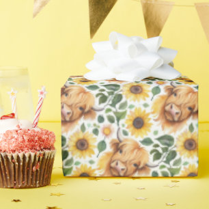 Papier Cadeau Vaches Highland et fleurs de tournesol jaune