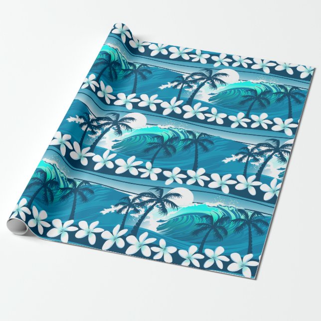 Papier Cadeau vague de surf tropicale avec palmiers (Déroulé)