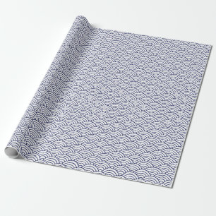 Papier Cadeau Vagues japonaises, bleu marine sur papier blanc