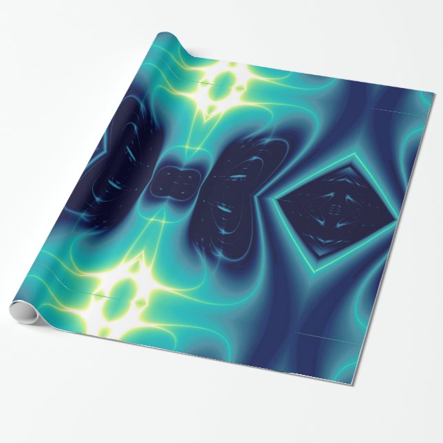 PAPIER CADEAU VAGUES TURQUOISES ET ÉCLAIRAGES BLEU ABSTRAITES (Déroulé)