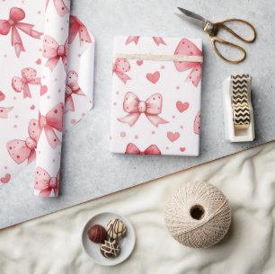 Papier Cadeau Valentin romantique aquarelle rose ruban coeur