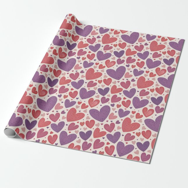 Papier Cadeau Valentine Shades de coeur rouge violet motif (Déroulé)