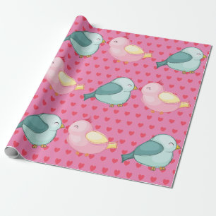 Papier Cadeau Valentines coeur rouge sur rose avec de mignons In