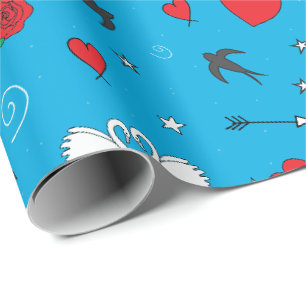 Papier Cadeau Valentines Jour Motif Vintage en bleu