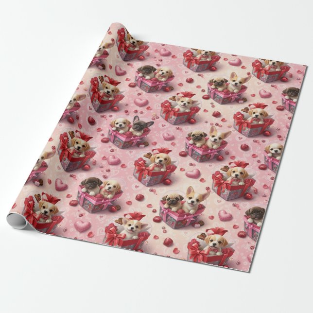 Papier Cadeau Valentine's Puppies Wrapping Paper (Déroulé)