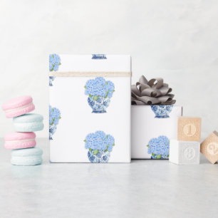 Papier Cadeau Vase Bleu et Blanc de Style Chinois avec Hydrangea