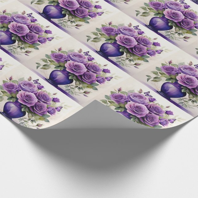 Papier Cadeau Vase de Roses pourpres avec papillons Botanique (Coin)