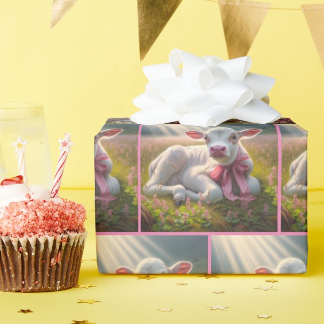 Papier Cadeau Veau blanc avec cabot rose en pâturage (Fête d'anniversaire)
