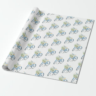 Papier Cadeau vélo avec chat blanc et marguerites