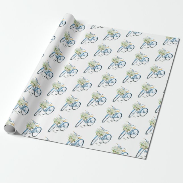 Papier Cadeau vélo avec chat blanc et marguerites (Déroulé)