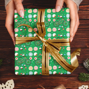 Papier Cadeau Vélo en canne à sucre avec friandises de Noël vert