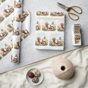 Papier Cadeau Vélo Rouge Avec Tulipes Néerlandaises