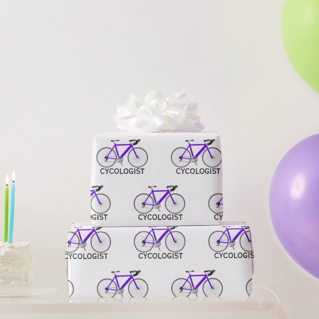 Papier Cadeau Vélo violet avec texte cycologue sur blanc (Cadeaux de fête)