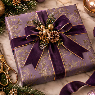 Papier Cadeau Velours Faux Damassé Or et Violet de Noël