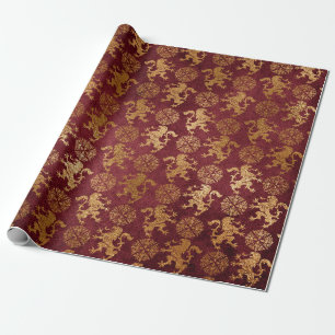 Papier Cadeau Velours rouge d'or royal de lion héraldique
