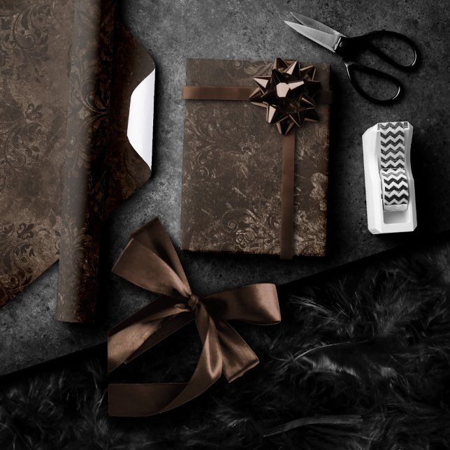 Papier Cadeau Velvety Bronze Damask | Grunge baroque Brown (Créateur téléchargé)