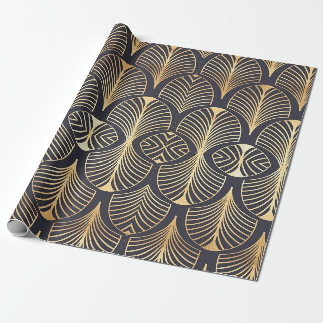 Papier Cadeau Ventilateur classique d'or et d'art déco noir sur (Déroulé)