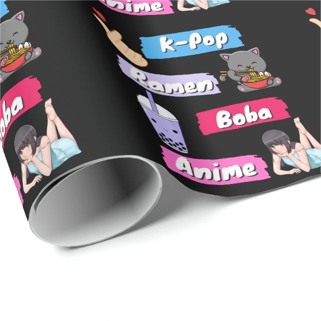 Papier Cadeau Ventilateur de culture K-Pop, Ramen, Boba et Anime (Coin rond)