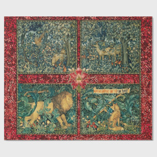 PAPIER CADEAU VERDURE, ANIMAUX FORESTIERS, LION, FOX, PHÉASANT,