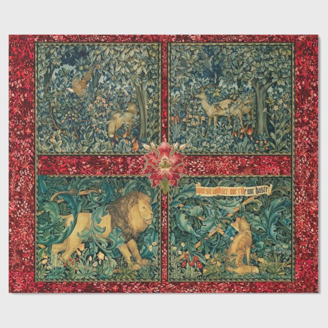 PAPIER CADEAU VERDURE, ANIMAUX FORESTIERS, LION, FOX, PHÉASANT,  (Plat)