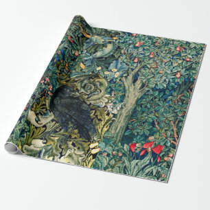 PAPIER CADEAU VERDURE, ANIMAUX FORESTIERS, RAVÉS EN FLORAL VERT