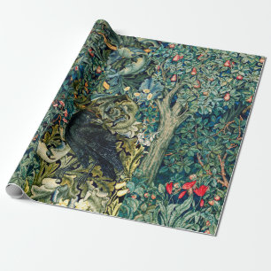 PAPIER CADEAU VERDURE, ANIMAUX FORESTIERS, RAVÉS EN FLORAL VERT