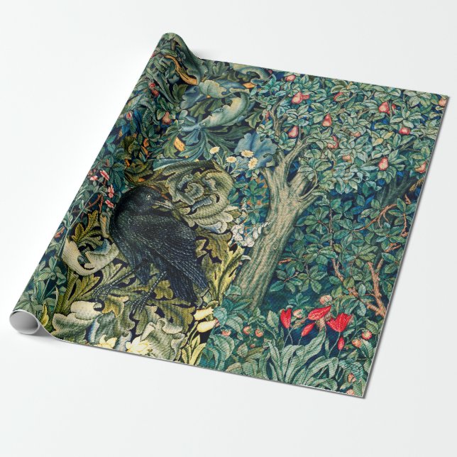 PAPIER CADEAU VERDURE, ANIMAUX FORESTIERS, RAVÉS EN FLORAL VERT (Déroulé)