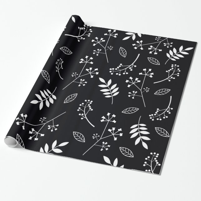 Papier Cadeau Verdure florale botanique de feuille blanche et (Déroulé)