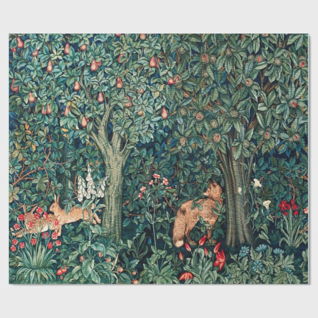 Papier Cadeau VERDURE, Hares d'ANIMAUX FORESTIERS, Renard, Flora (Plat)