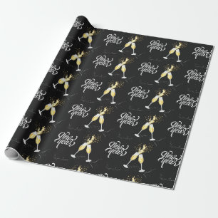 Papier Cadeau Verre à vin noir doré champagne confetti moderne