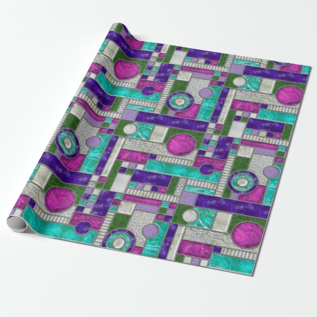Papier Cadeau Verre Turquoise Art déco rose (Déroulé)