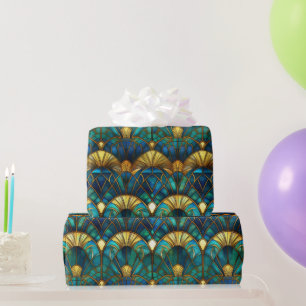 Papier Cadeau Verre turquoise, bleu et or peacock