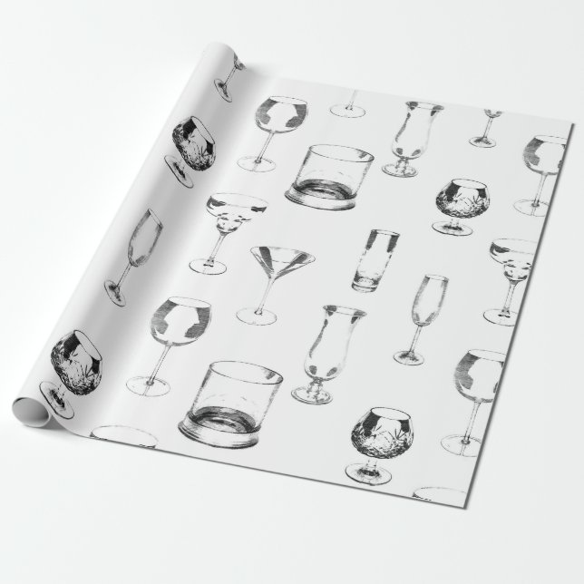Papier Cadeau Verrerie Assortie en noir sur blanc (Déroulé)