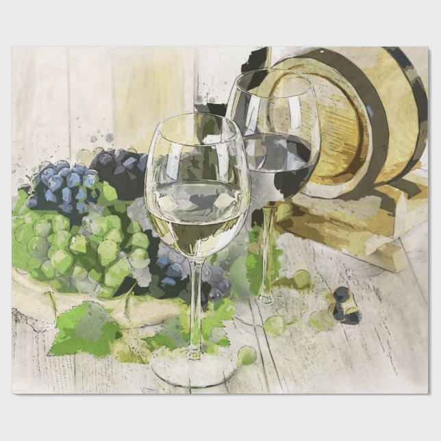 Papier Cadeau Verres à vin, tonneau et raisins (Plat)