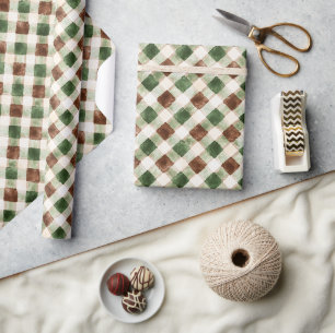 Papier Cadeau Vert Brun Crème Rayures Anniversaire