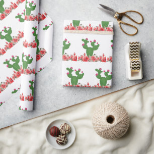 Papier Cadeau Vert Cactus Fleurs Orange Floral 
